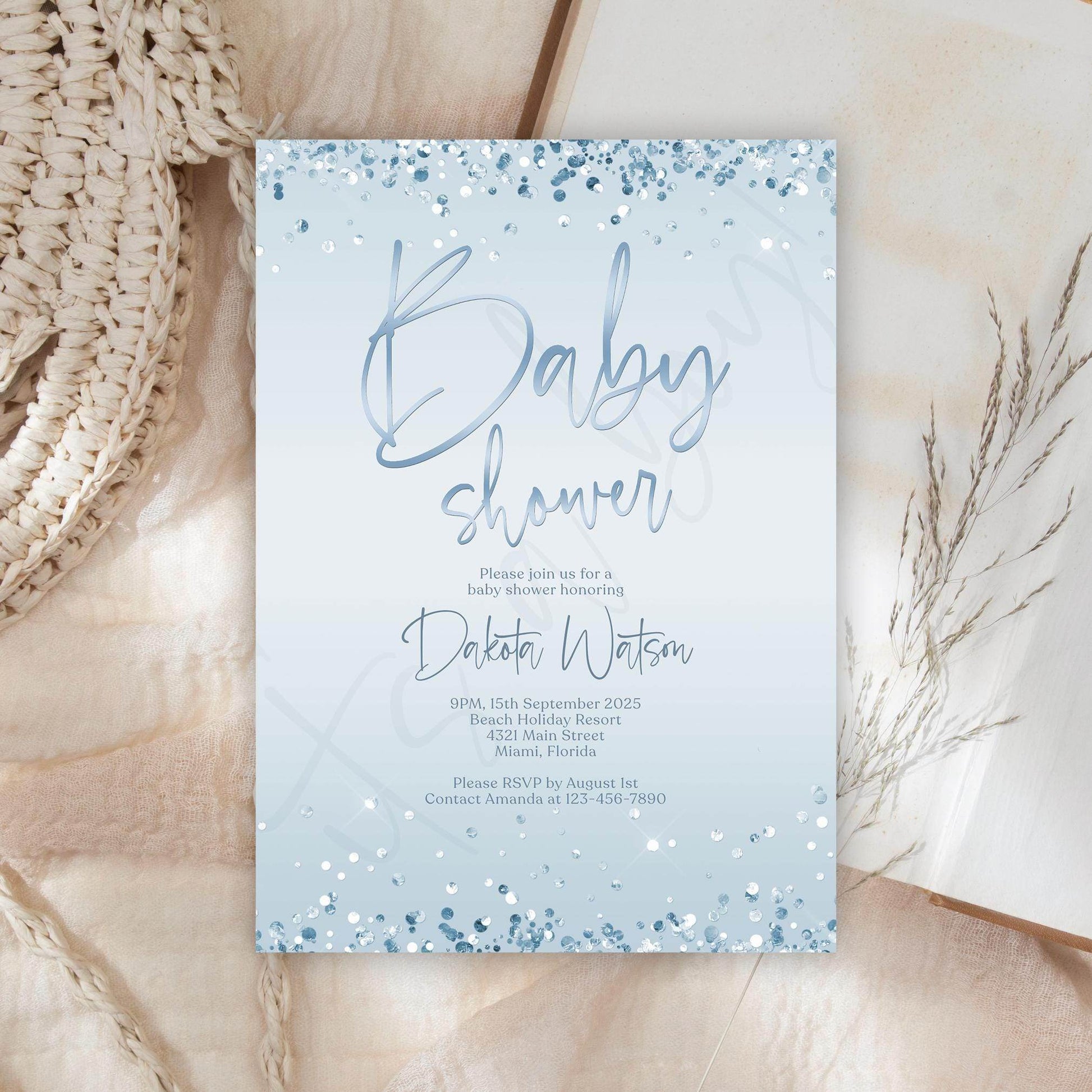 Boy Baby Shower Invitation Template | Editable Blue & Silver Confetti Invite | Digital Baby Shower Evite | Printable Instant Download