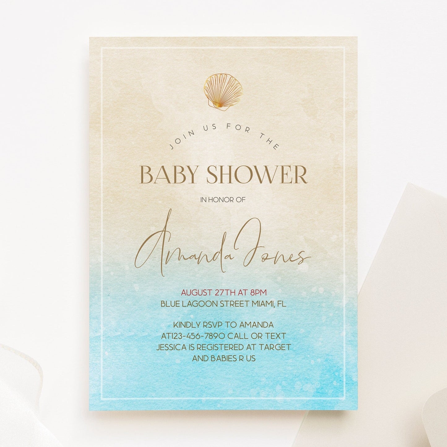 Printable Beach Baby Shower Invitation Template | Cute Design - MagicalEventCo