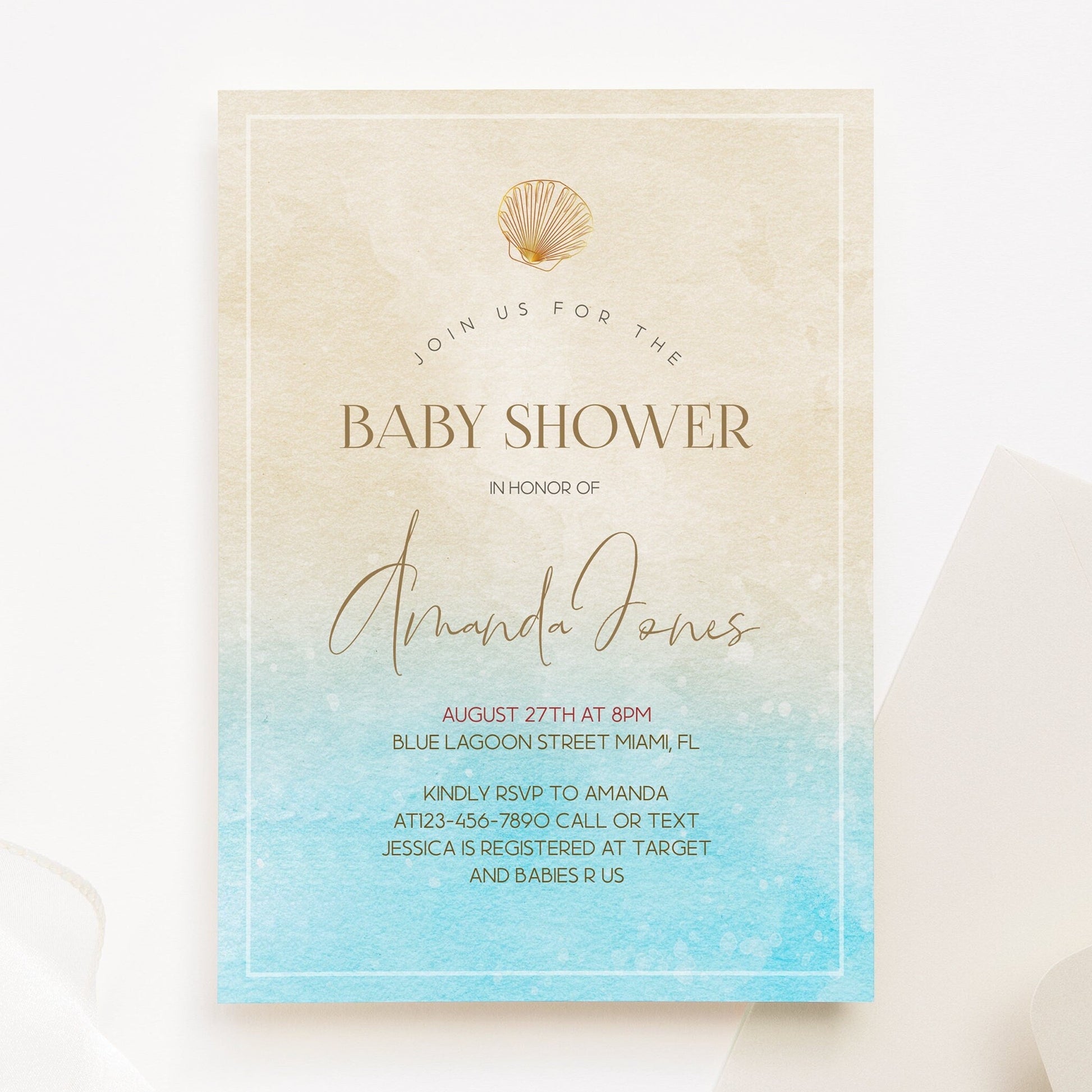 Printable Beach Baby Shower Invitation Template | Cute Design - MagicalEventCo
