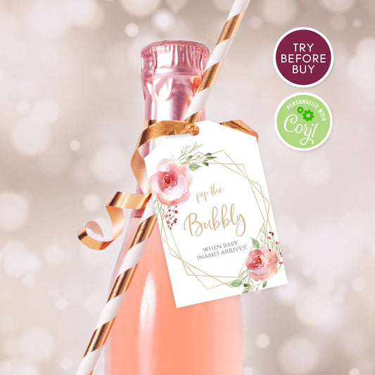 Gold Geometric Baby Shower Champagne Tags - Blush Floral | Personalize Your Celebration