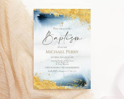Boy Blue Gold Watercolor Baptism Invitation Template, Printable Boy Baptism Invite, Editable DIY Baptism Invitation, Email Text Message Evite, Instant Download