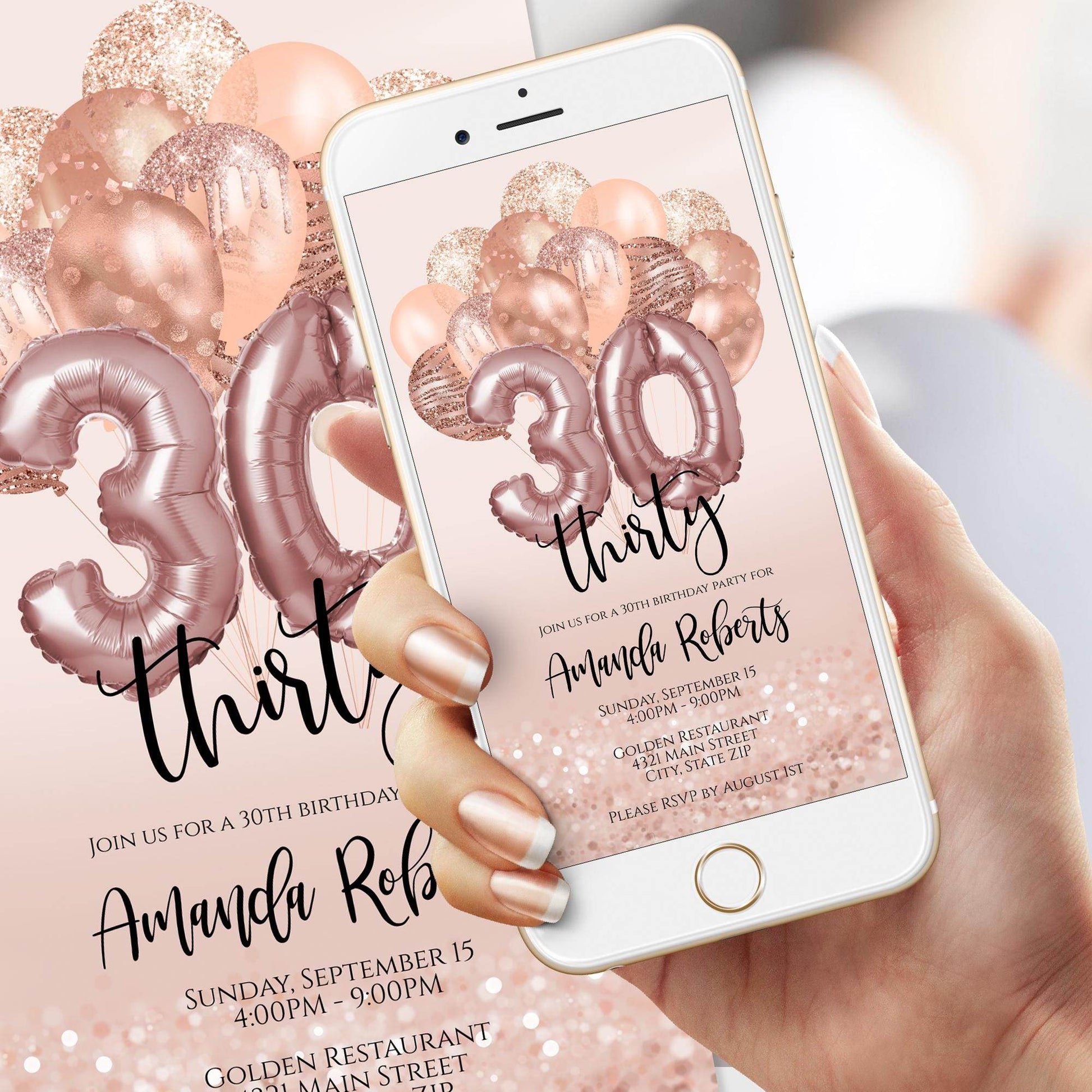 30th Birthday Invitation – Rose Gold Digital Evite – Editable Mobile Text Message Template – Electronic Invite for Her – Instant Download