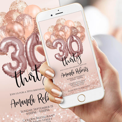 30th Birthday Invitation – Rose Gold Digital Evite – Editable Mobile Text Message Template – Electronic Invite for Her – Instant Download