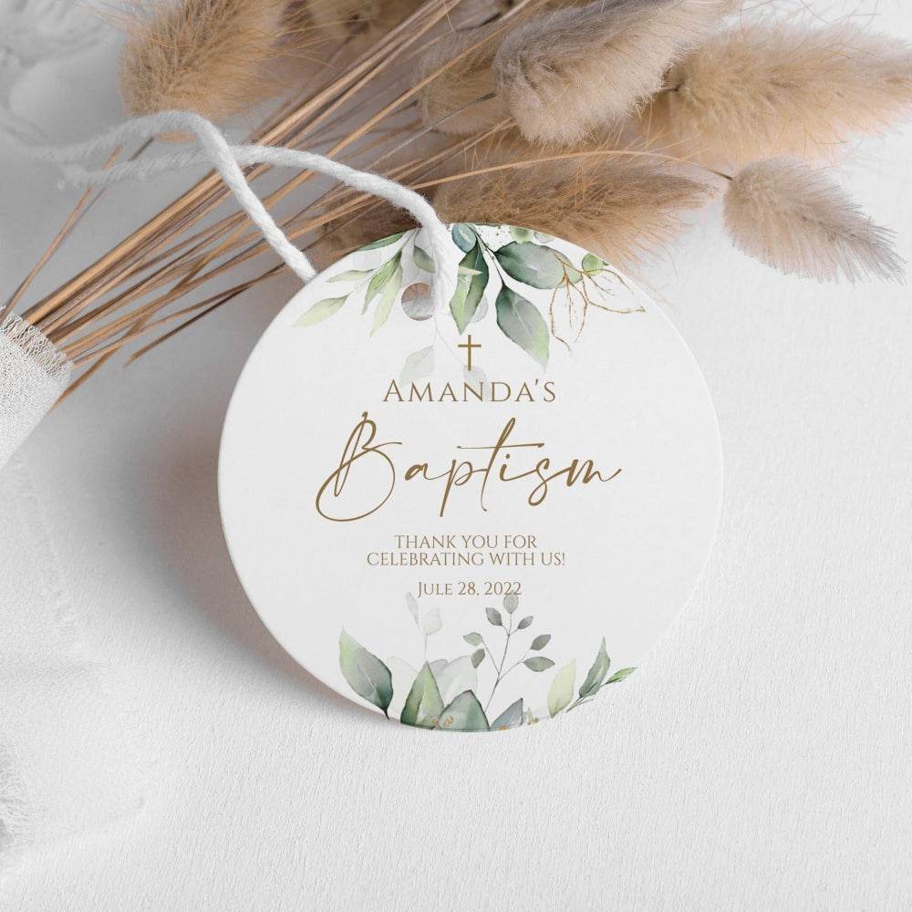Round Baptism Thank You Tag Template, Editable Baptism Favor Tag with Eucalyptus and Gold Leaves, Boho Sage Green DIY Tag for Boy or Girl, Instant Download