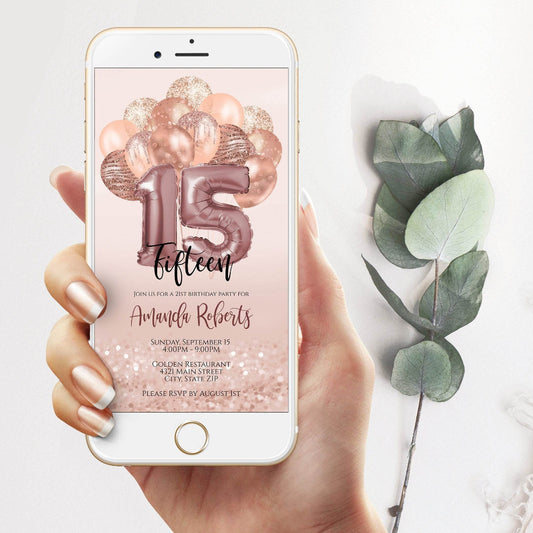 15th Birthday Electronic Invite, Fifteen Editable Invitation, Email Text Message, Smartphone Invite, Evite, Phone Invite, Digital Template - MagicalEventCo