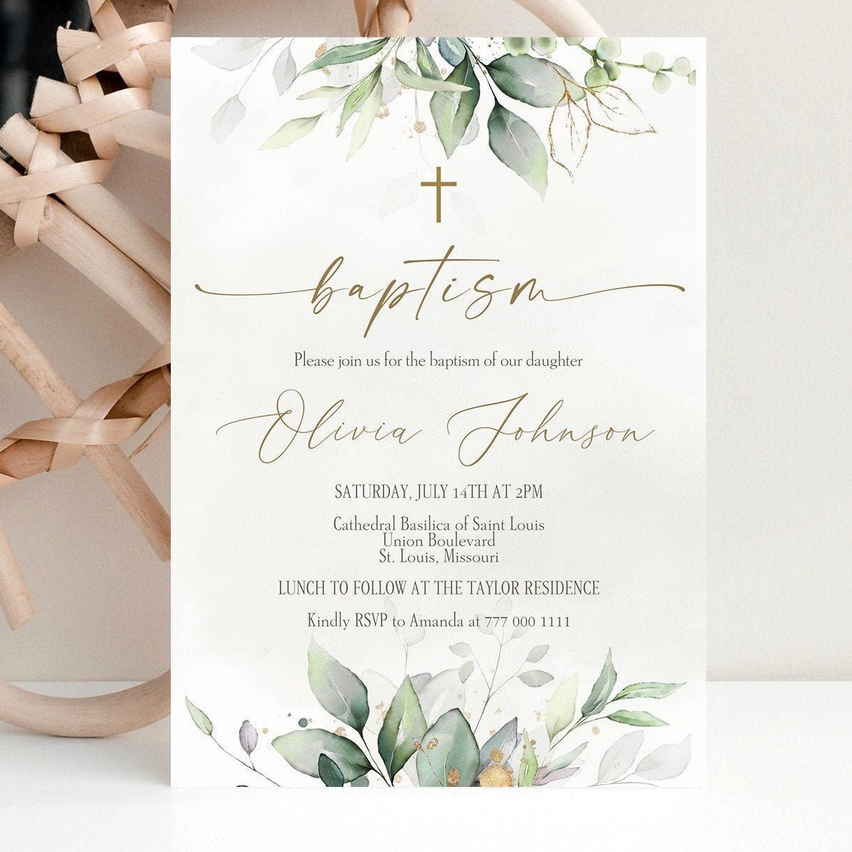 Greenery Baptism Invitation Template | Editable Christening Card | Instant Download