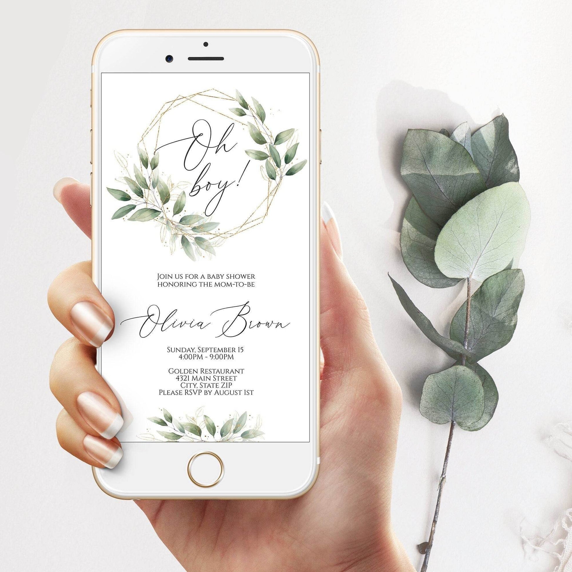 Greenery Gold Wreath Oh Boy Baby Shower Evite – Editable Digital Invitation for Smartphone – Text Message Baby Shower Invite – Instant Download Evite