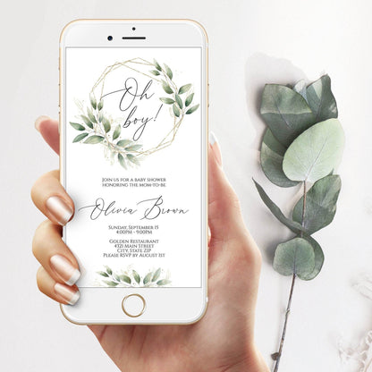 Greenery Gold Wreath Oh Boy Baby Shower Evite – Editable Digital Invitation for Smartphone – Text Message Baby Shower Invite – Instant Download Evite