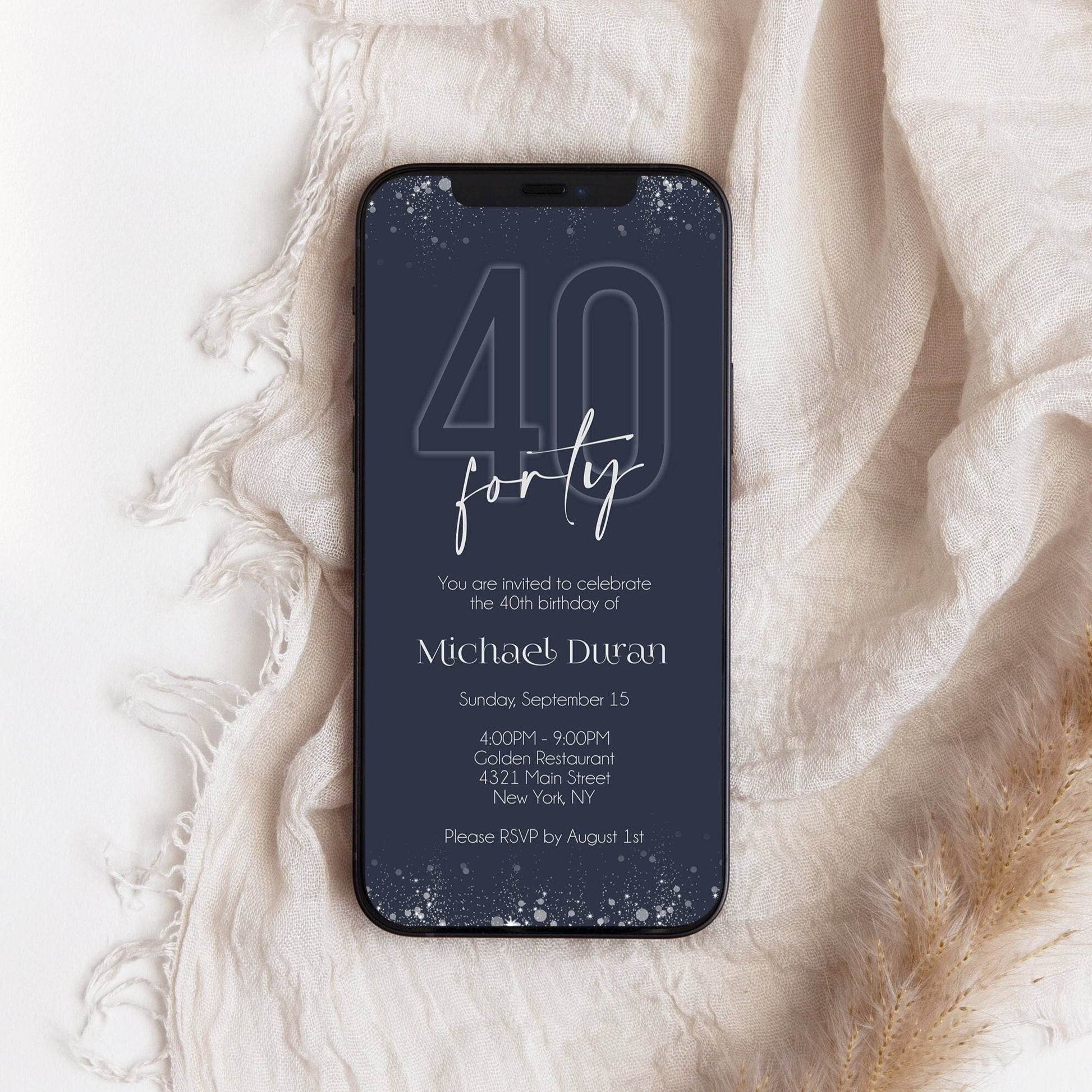 Navy Silver 40th Birthday Invitation – Digital Editable Evite for Men – Mobile Text or Email Invite – Printable DIY Party Template