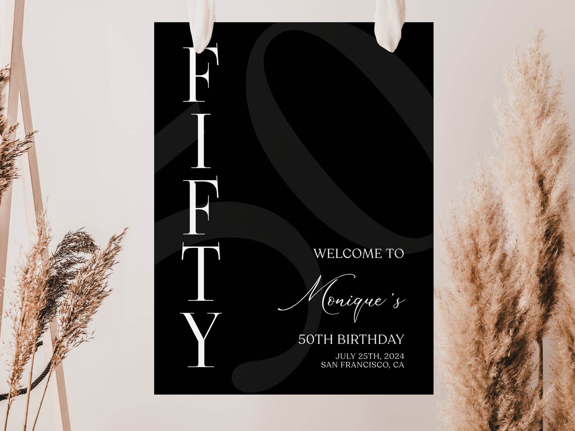 Simple Black 50th Fifty Birthday Welcome Sign Template, Printable Minimalist Birthday Poster, Editable Welcome Sign, Instant Download