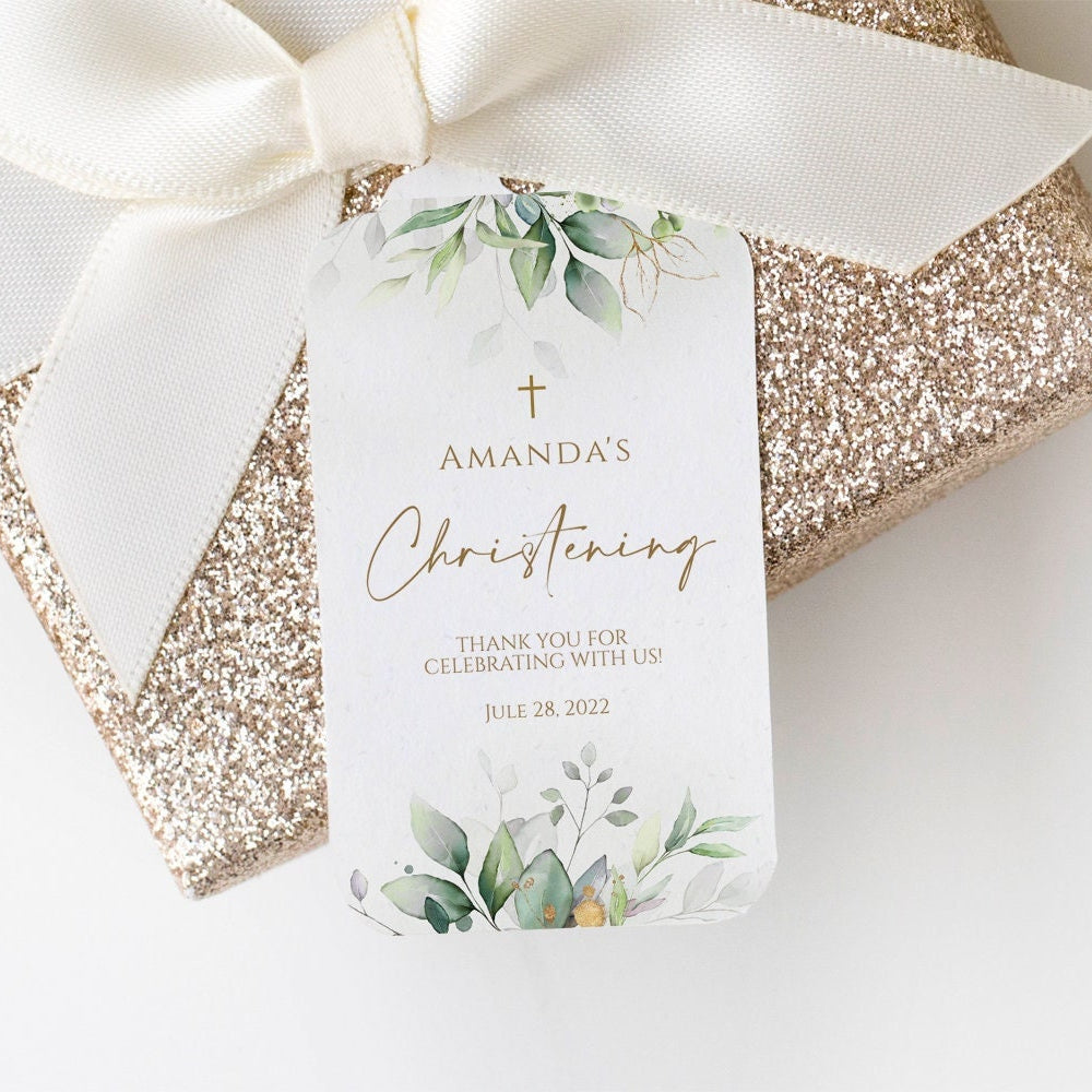 Greenery Christening Thank You Favor Tag, Baptism, Eucalyptus Gold Foil Leaves, Boy Girl Editable Boho Tag, Printable Thank You Tag Template