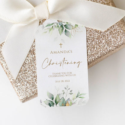 Greenery Christening Thank You Favor Tag, Baptism, Eucalyptus Gold Foil Leaves, Boy Girl Editable Boho Tag, Printable Thank You Tag Template