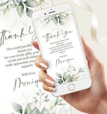 Greenery Electronic Thank You Card Template, Editable Baby Shower eCard, Digital Thank You Note, Instant Download Text Message Evite