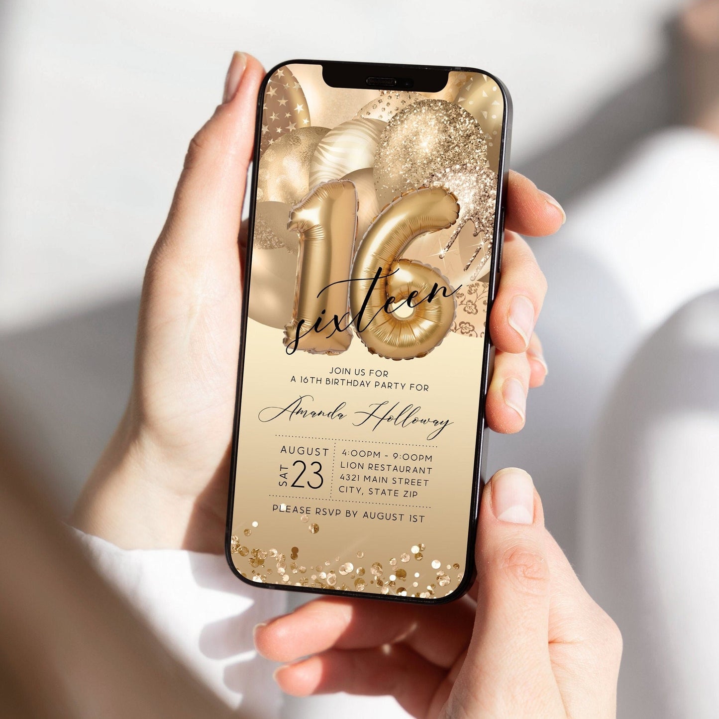 Digital Sixteen 16th Birthday Electronic Invite, Editable Gold Balloons Invite, Text Message Evite, Custom Mobile Invitation, DIY Template