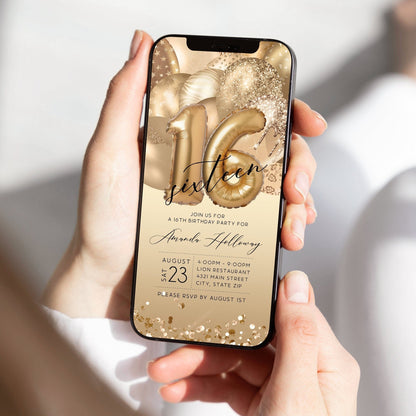 Digital Sixteen 16th Birthday Electronic Invite, Editable Gold Balloons Invite, Text Message Evite, Custom Mobile Invitation, DIY Template