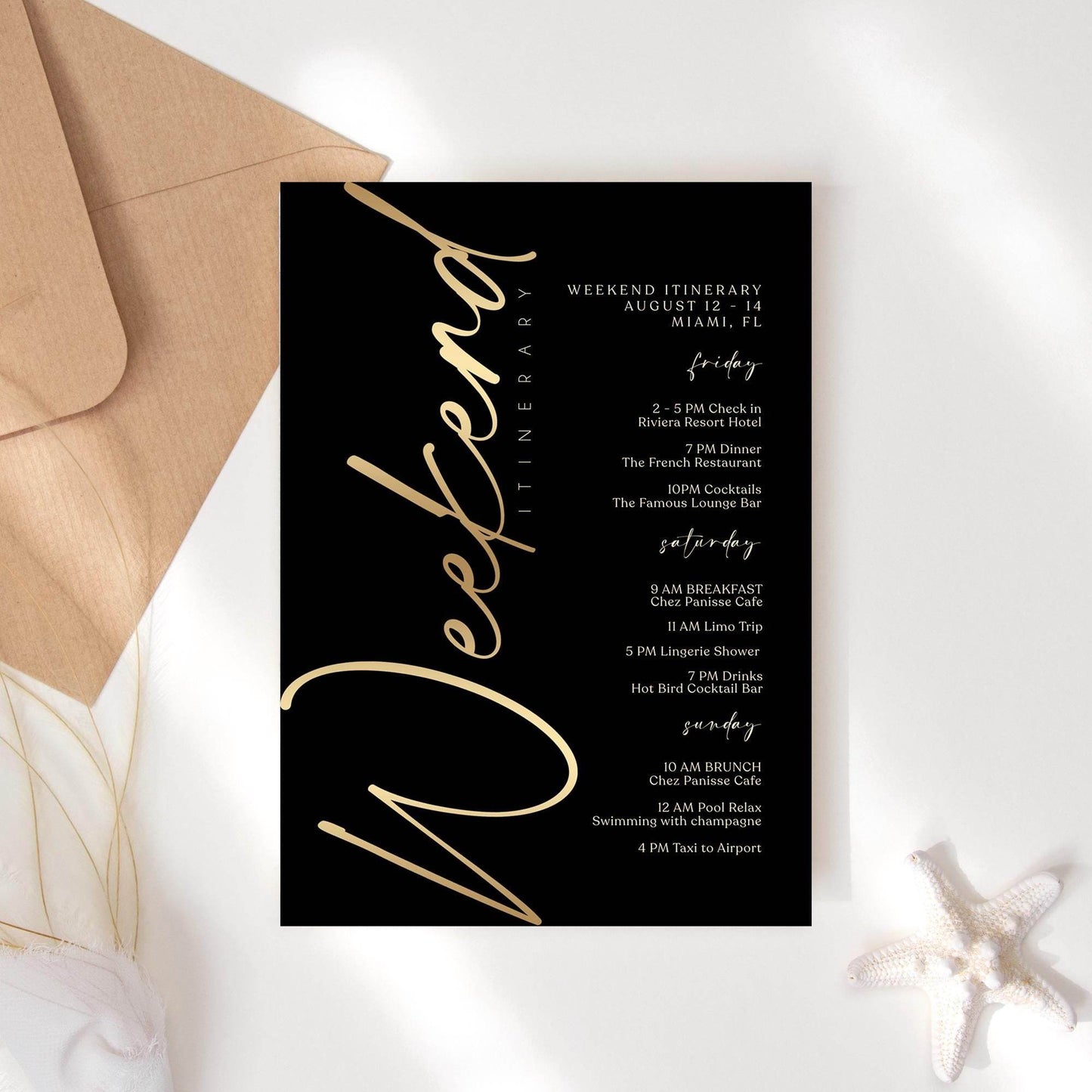 Black Gold Weekend Itinerary Template, Editable Birthday or Bachelorette Schedule, Printable Weekend Event Planner, Instant Download