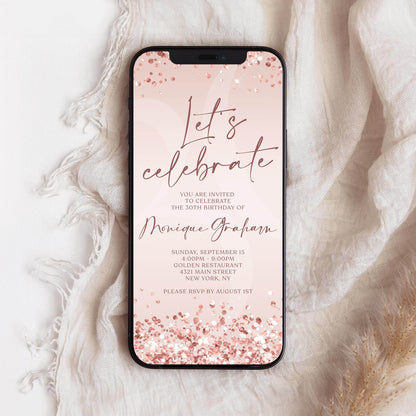Let’s Celebrate Invitation Template, Digital Rose Gold Birthday Invite, Editable Pink Electronic Birthday Evite, Text Message Invitation, Instant Download