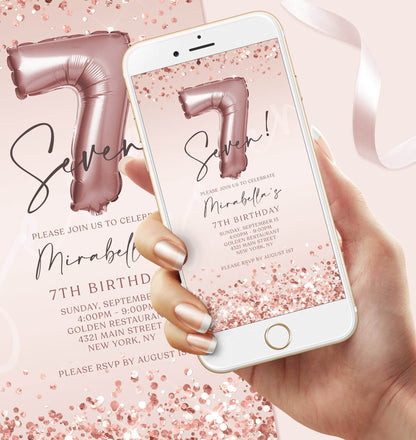 Digital 7th Birthday Invitation for Girl | Editable Pink and Rose Gold Confetti Evite | 7th Birthday Electronic Invite Template | Text Message Download