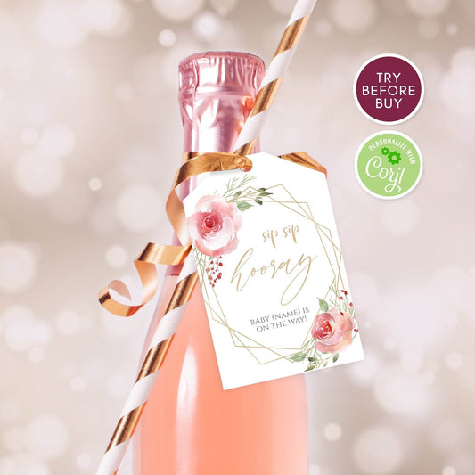 Blush Floral Baby Shower Thank You Tag | Sip Sip Hooray Champagne Favor Tag | Printable Wine Bottle Label Template | Editable Bubbly Girl Shower Tag
