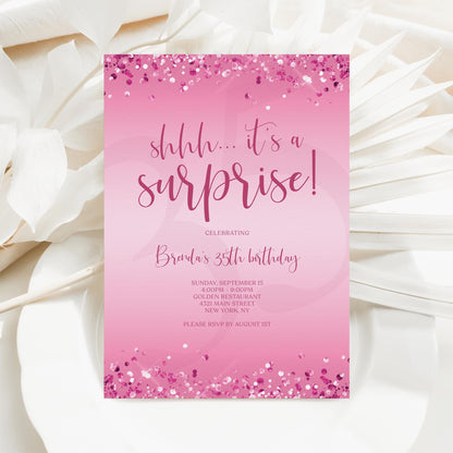 Surprise Birthday Invitation Template - Pink Confetti Design | Instant Download