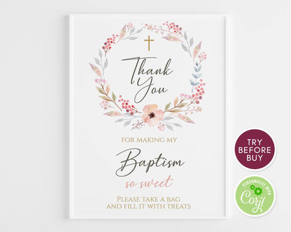 aptism Thank You Sign Template – Editable Floral Thank You Banner | Printable Treat Bag Favor Sign | DIY Baptism Thank You Card | Instant Download