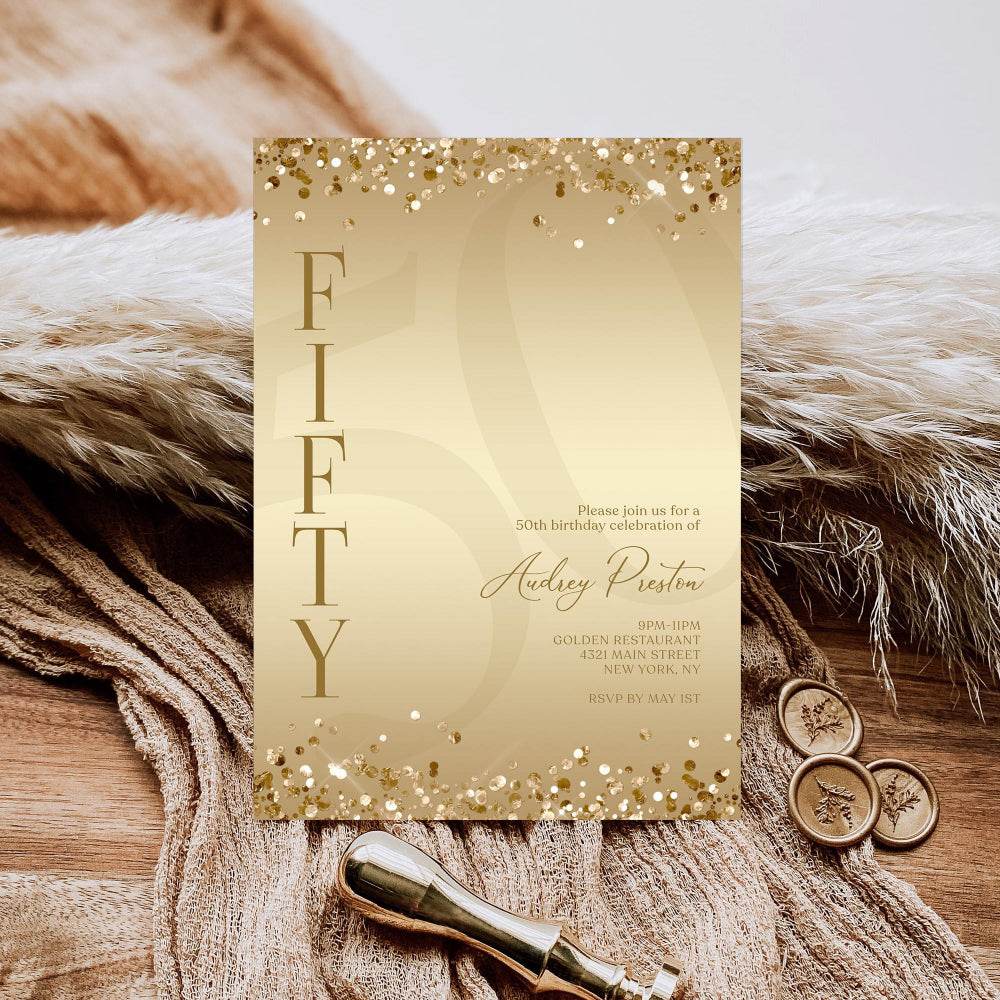 Gold 50th Birthday Invitation Template – Printable Surprise Party Invite – Editable Gold Confetti Digital Download for Text or Email