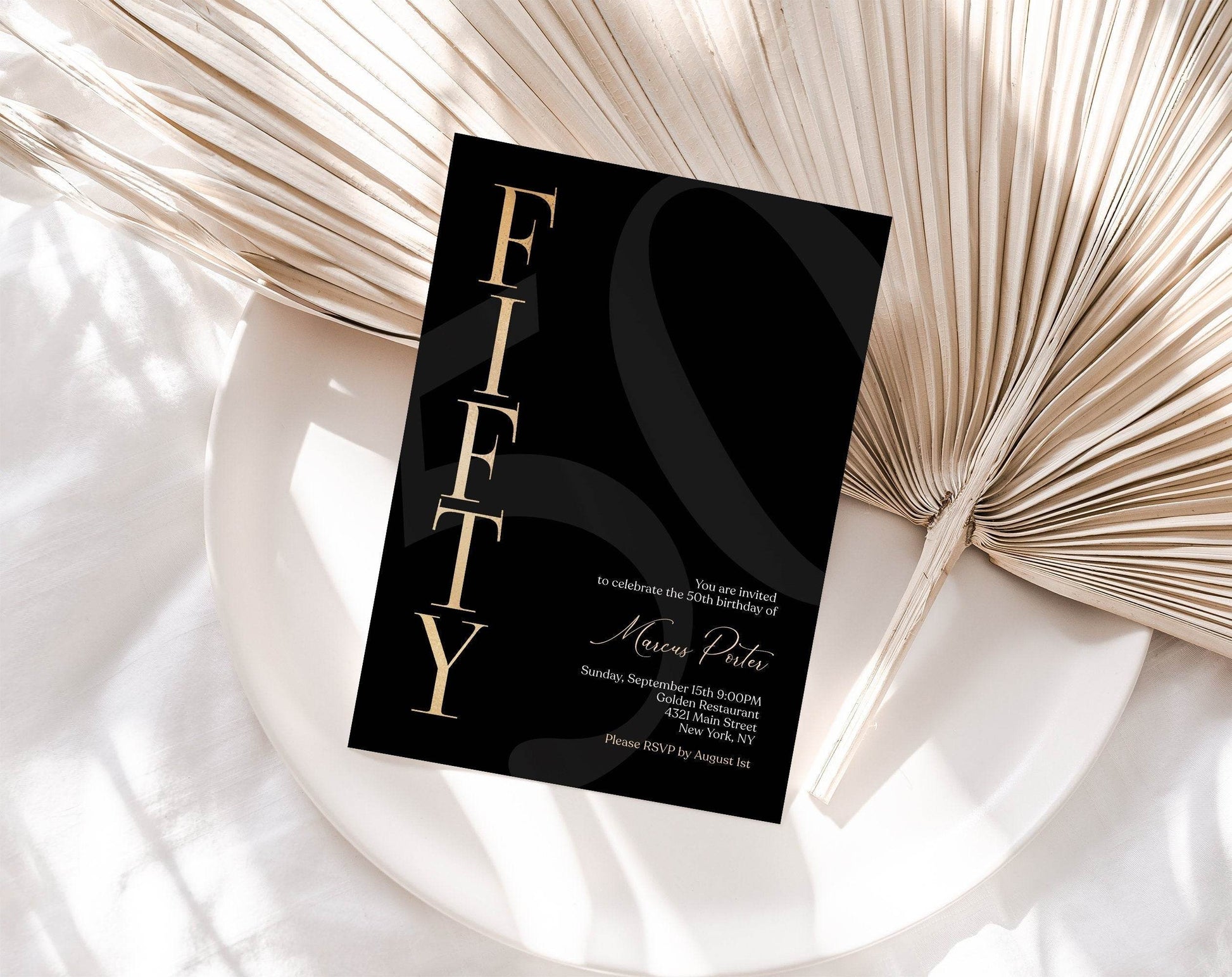 Printable Black 50th Birthday Invitation for Men, Simple Gold & Black Invite, Editable 50th Birthday Text Message Invite, Instant Download