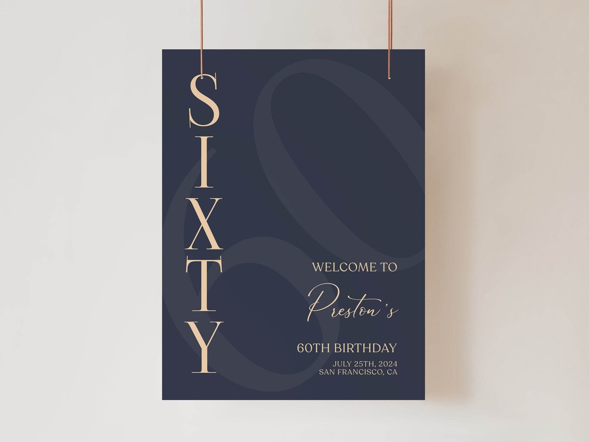 Printable 60th Sixty Birthday Welcome Sign Template, Blue Navy Gold Editable Welcome Sign Poster, Birthday Decorations, DIY Elegant Board