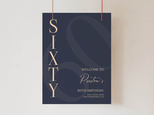Printable 60th Sixty Birthday Welcome Sign Template, Blue Navy Gold Editable Welcome Sign Poster, Birthday Decorations, DIY Elegant Board