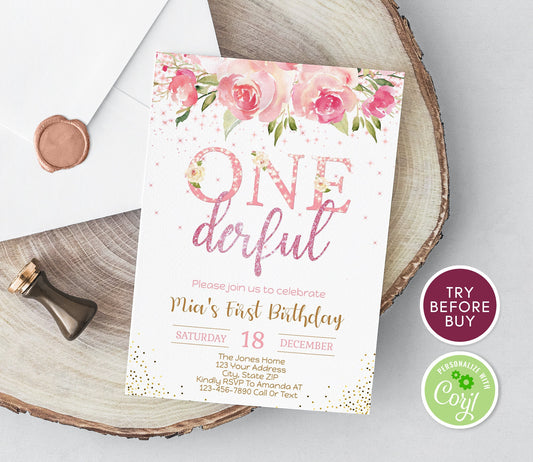 Onederful 1st Birthday Invitation, Floral First Birthday Party Invitation Girl, Editable Printable 1st Birthday Invite Template, Blush Pink