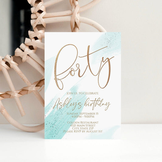 Printable 40th Birthday Invitation Template – Editable Gold Foil & Turquoise Watercolor Invite – Forty Birthday Party Digital Invitation – Instant Download