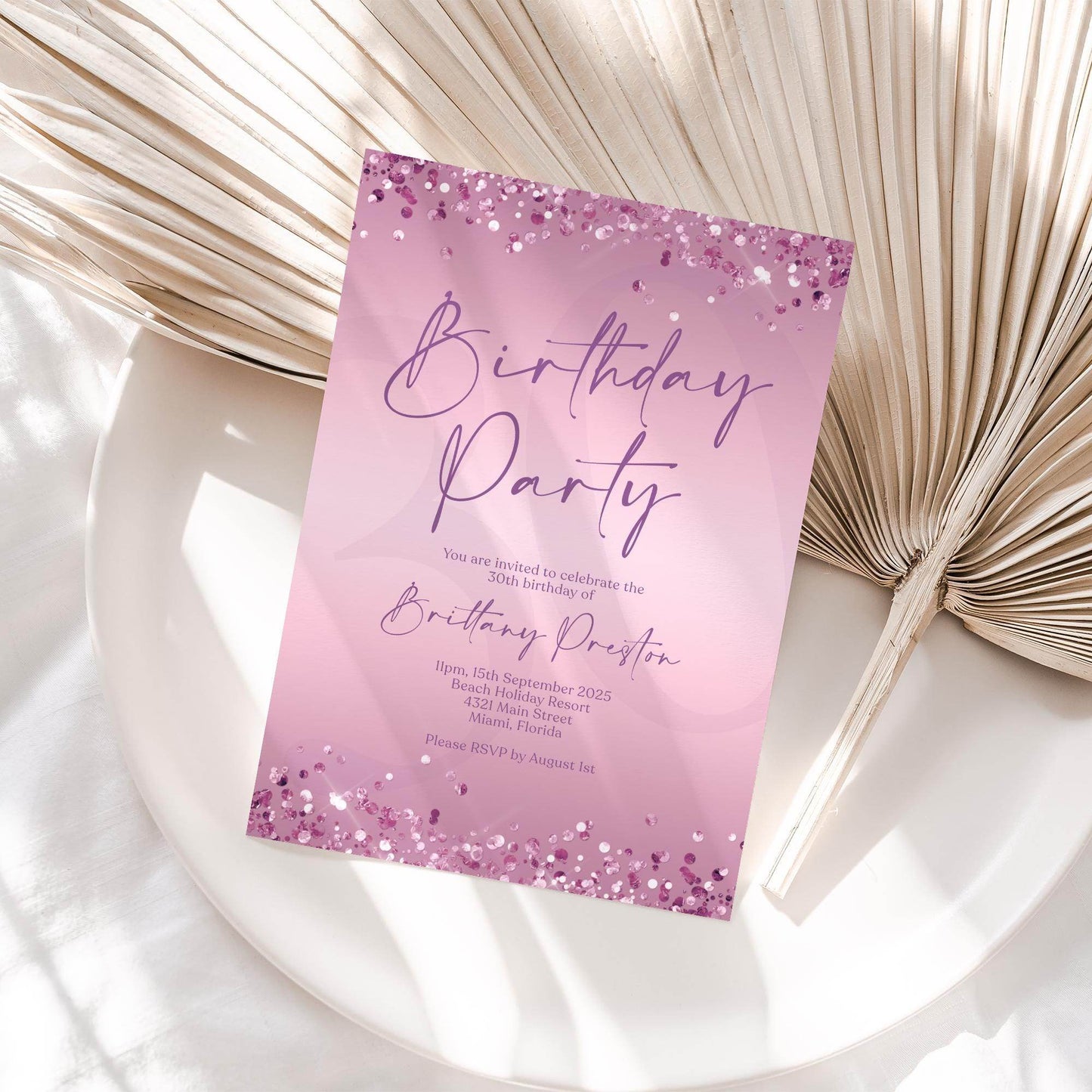 Editable Purple Birthday Party Invitation Template, Printable Woman Birthday Invite, Any Age Birthday Card Invite, Modern Email Text Message