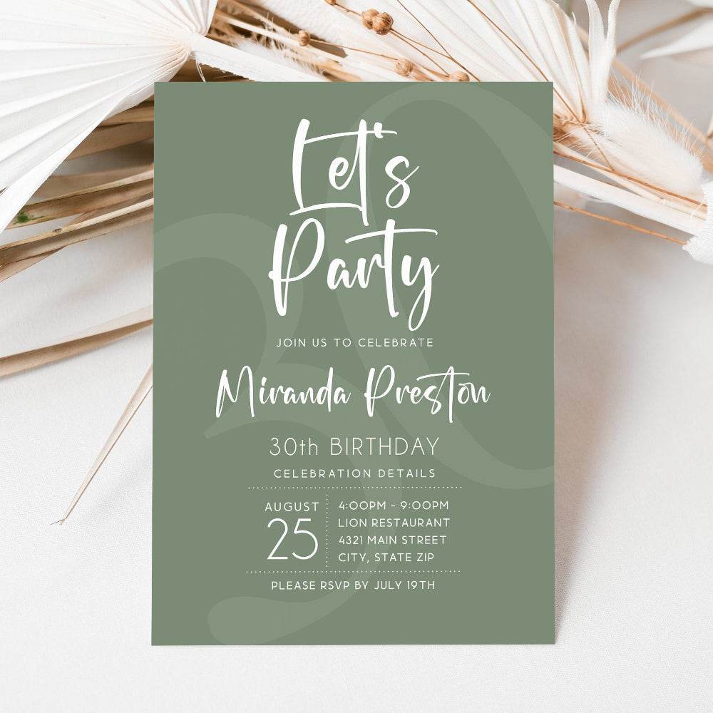 Simple Sage Green Let’s Party Birthday Invitation Template Printable Any Age Birthday Card | Editable Text Message & Email Invite | Instant Download