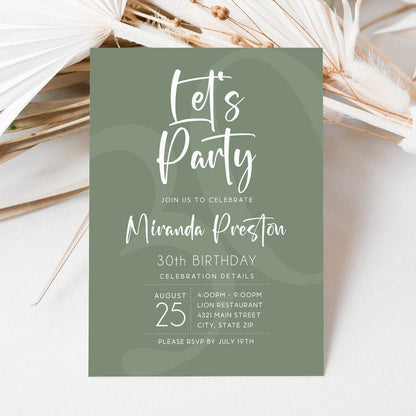 Simple Sage Green Let’s Party Birthday Invitation Template Printable Any Age Birthday Card | Editable Text Message & Email Invite | Instant Download