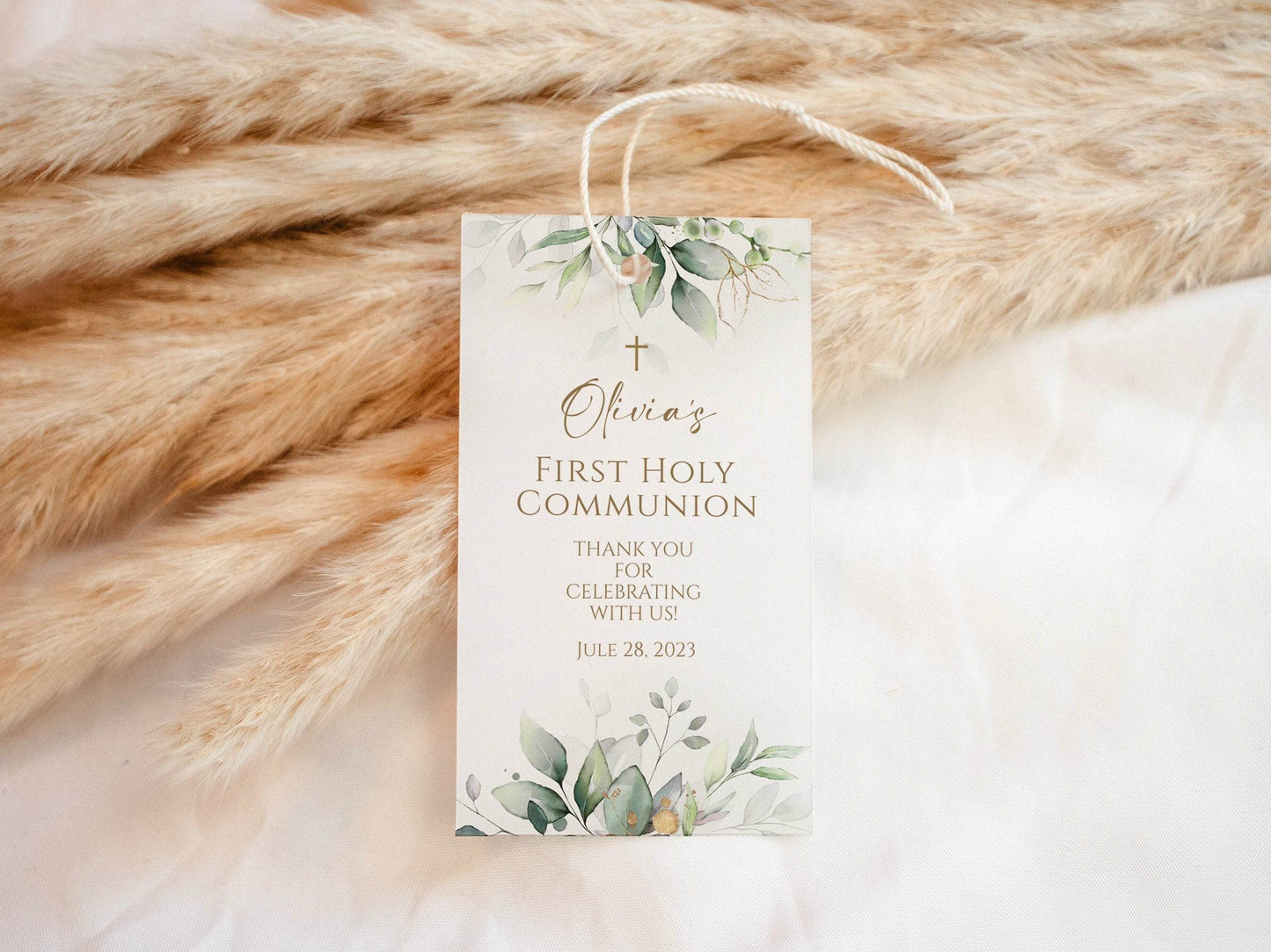 Greenery First Communion Thank You Tag Template, Eucalyptus Gold Cross Favor Tag, Sage Boho Leaves, Boy Girl Printable, Editable Download