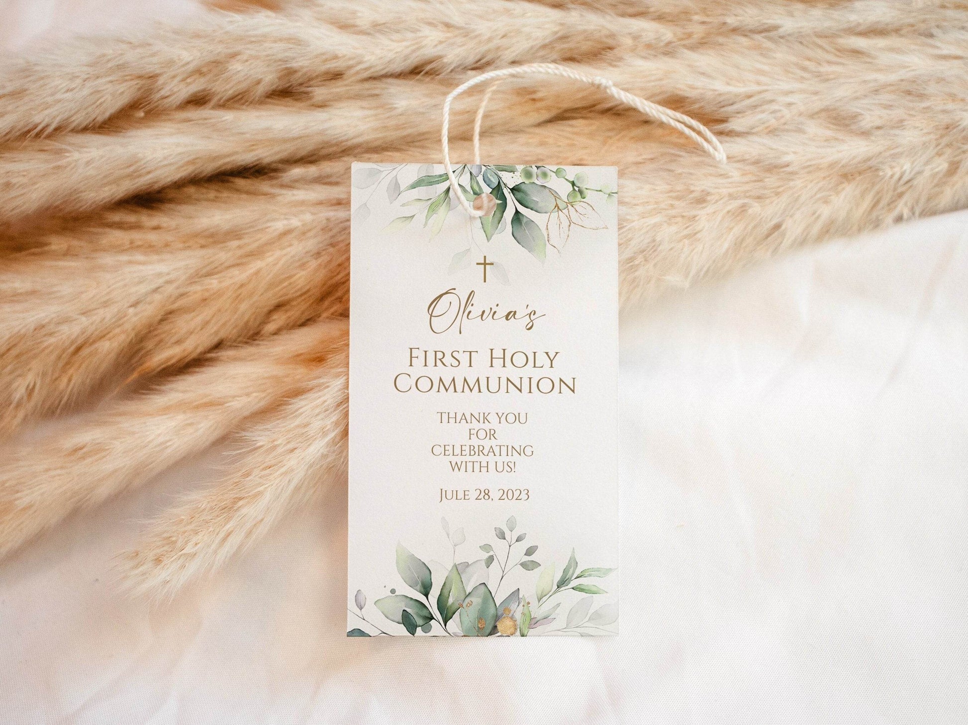 Greenery First Communion Thank You Tag Template, Eucalyptus Gold Cross Favor Tag, Sage Boho Leaves, Boy Girl Printable, Editable Download