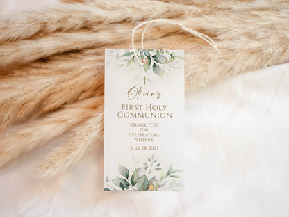 Greenery First Communion Thank You Tag Template, Eucalyptus Gold Cross Favor Tag, Sage Boho Leaves, Boy Girl Printable, Editable Download