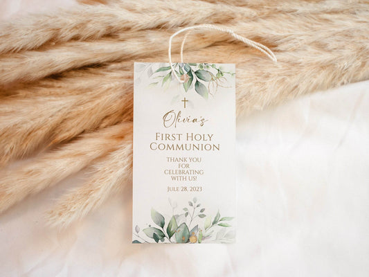 Greenery First Communion Thank You Tag Template, Eucalyptus Gold Cross Favor Tag, Sage Boho Leaves, Boy Girl Printable, Editable Download