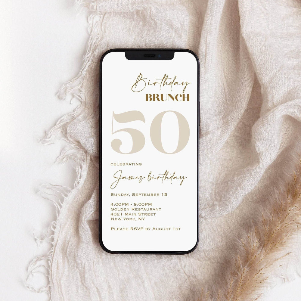 White Gold 50th Birthday Brunch Evite, Editable Digital Invitation Template, Electronic Paperless Invite, Instant Download