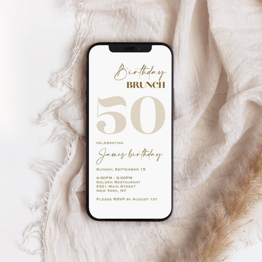 White Gold 50th Birthday Brunch Evite, Editable Digital Invitation Template, Electronic Paperless Invite, Instant Download
