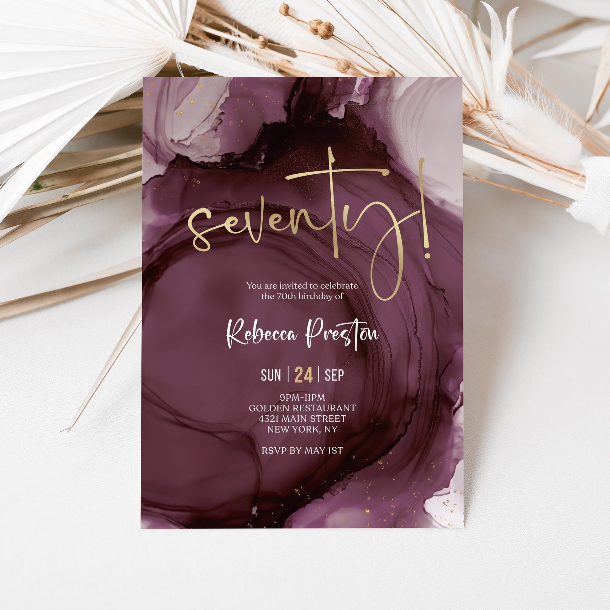 Purple Gold 70th Seventy Birthday Invitation Template, Printable Woman Birthday Dinner Invite, Editable Surprise Invite, Digital Download