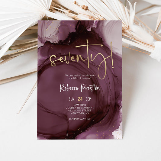 Purple Gold 70th Seventy Birthday Invitation Template, Printable Woman Birthday Dinner Invite, Editable Surprise Invite, Digital Download