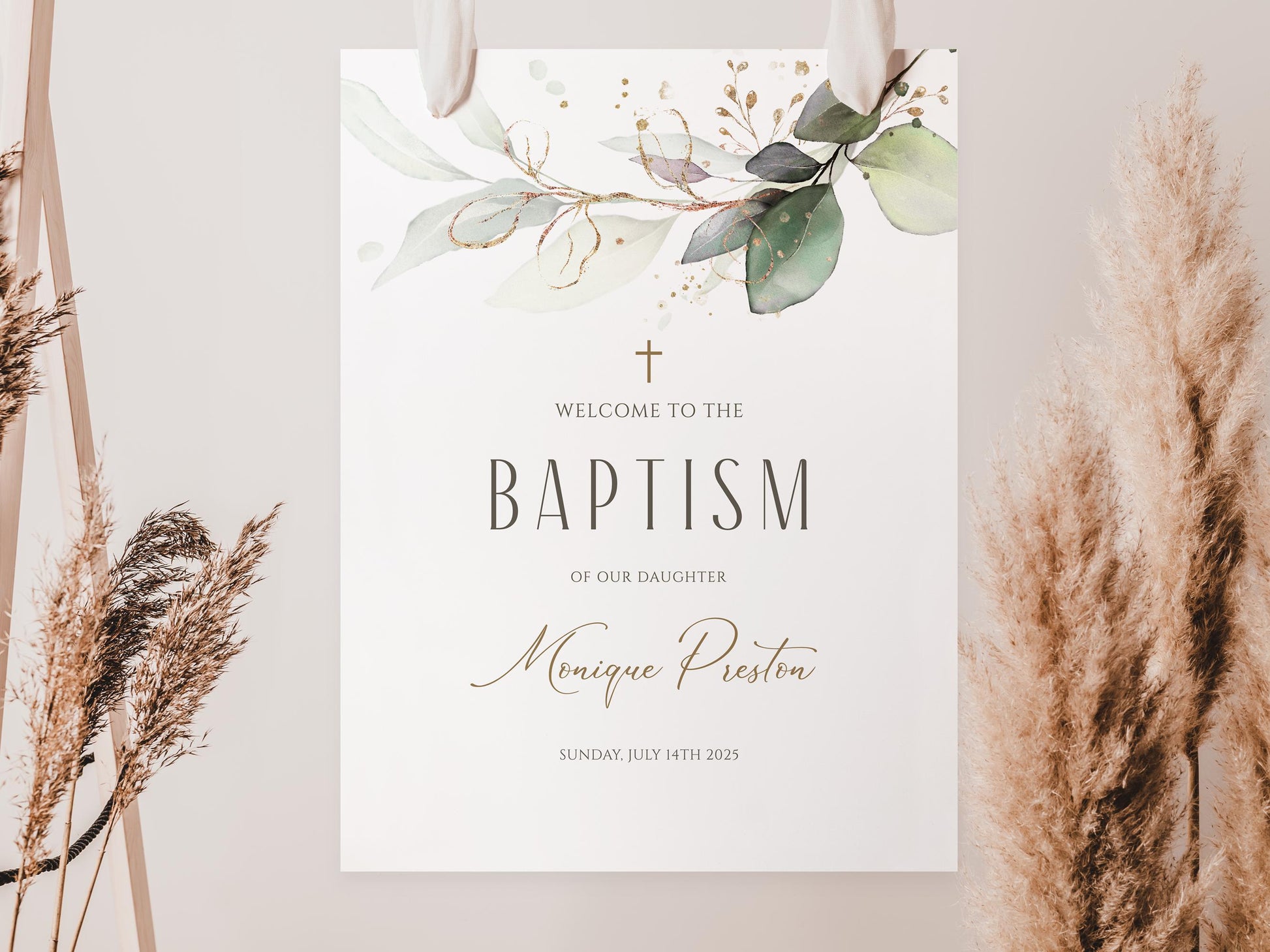 Printable Baptism Welcome Sign Template, Greenery Eucalyptus Leaves, Editable Boho Boy Girl Christening Welcome Poster Board, Baptism Decor