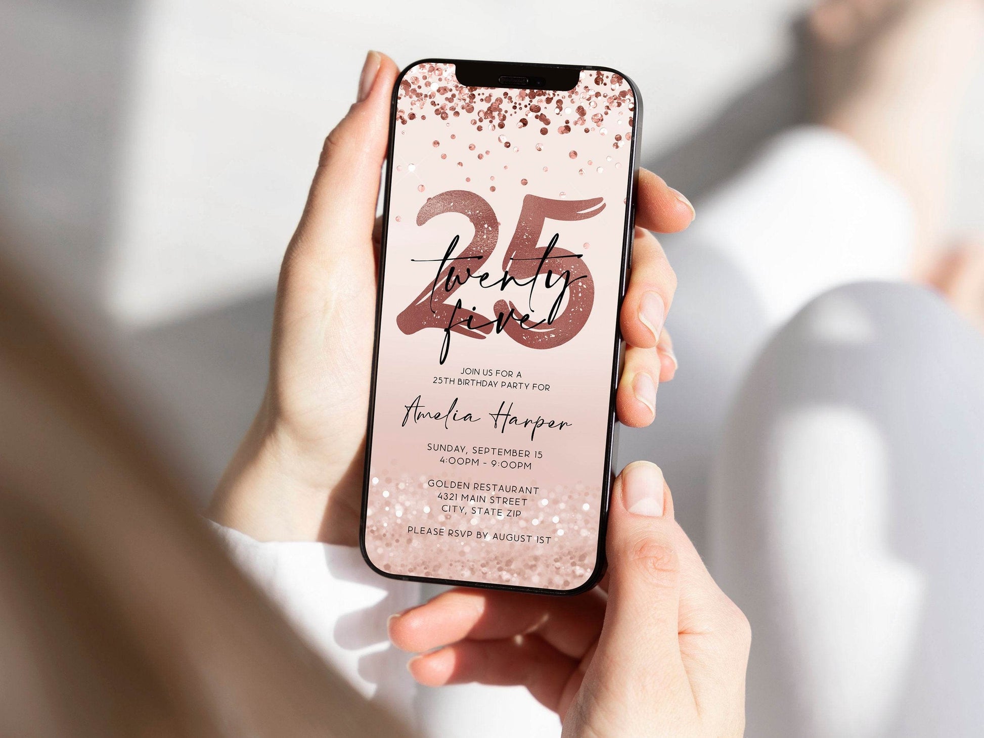 Electronic 25th Twenty Five Birthday Invitation Template, Digital Rose Gold Foil Confetti, Girl Party Editable Invite, Evite, Text Message