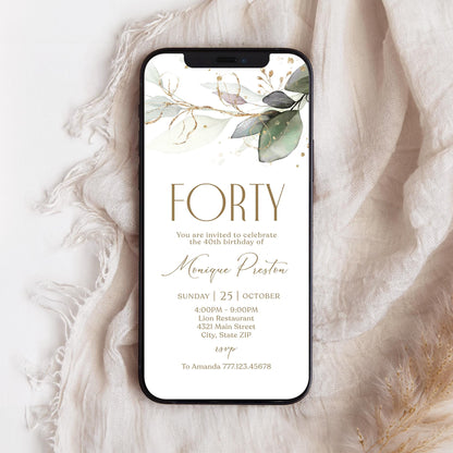 Greenery 40th Birthday Invitation Template, Editable Digital Forty Birthday Evite, Eucalyptus Phone Text Message Invite, Instant Download