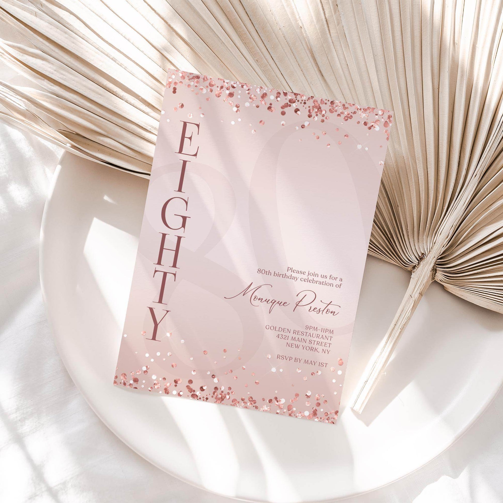 Pink Rose Gold 80th Eighty Birthday Invitation Template, Printable Invitation, Surprise Party Invite, Email Text Message, Editable Invite