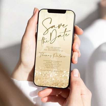 Digital Gold Save The Date Invitation Template | Editable Evite | DIY Mobile Invite, Phone Invitation