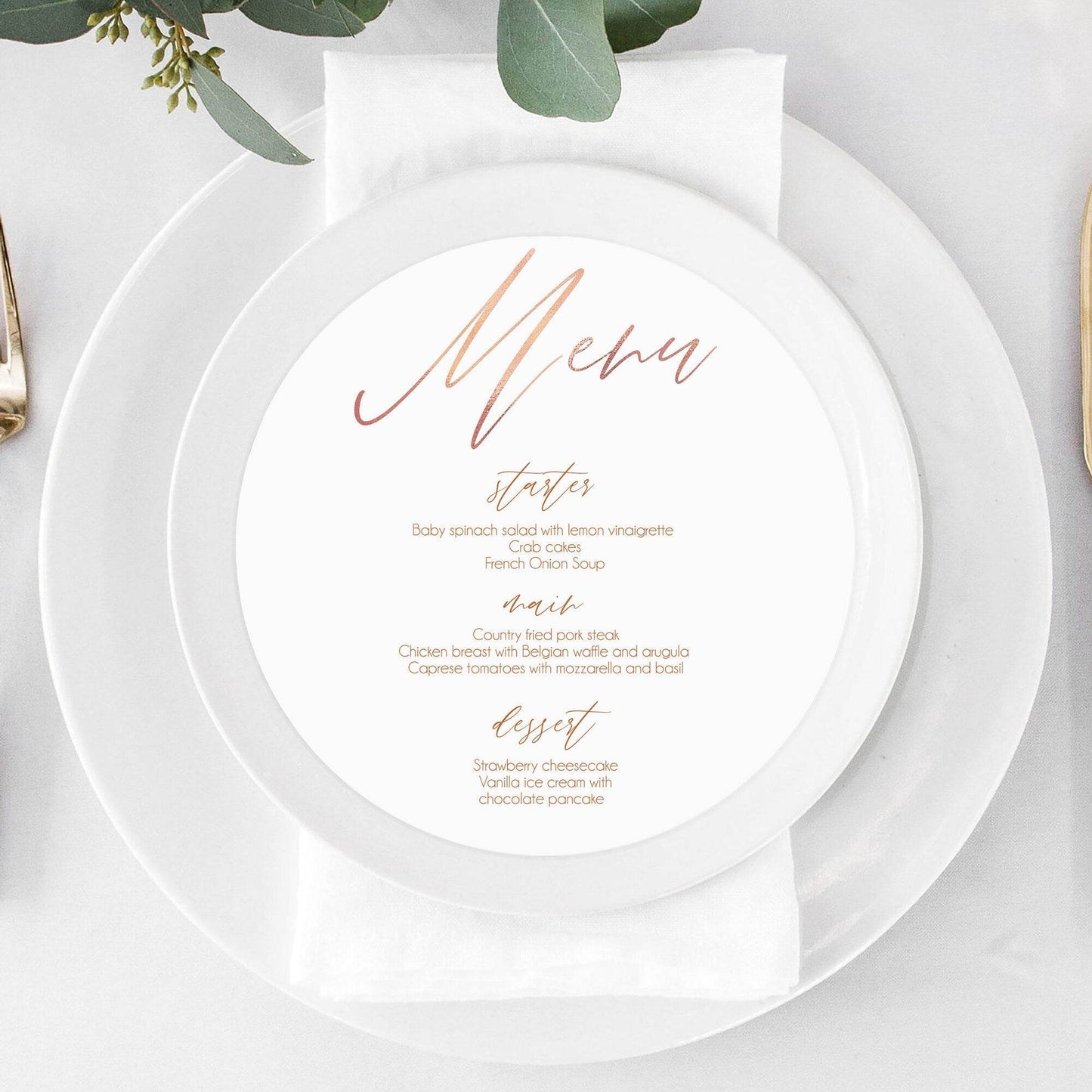 Rose Gold Round Wedding Menu, Circle Menu Template, Editable Calligraphy Dinner Menu, Printable DIY Wedding Menu, Instant Download