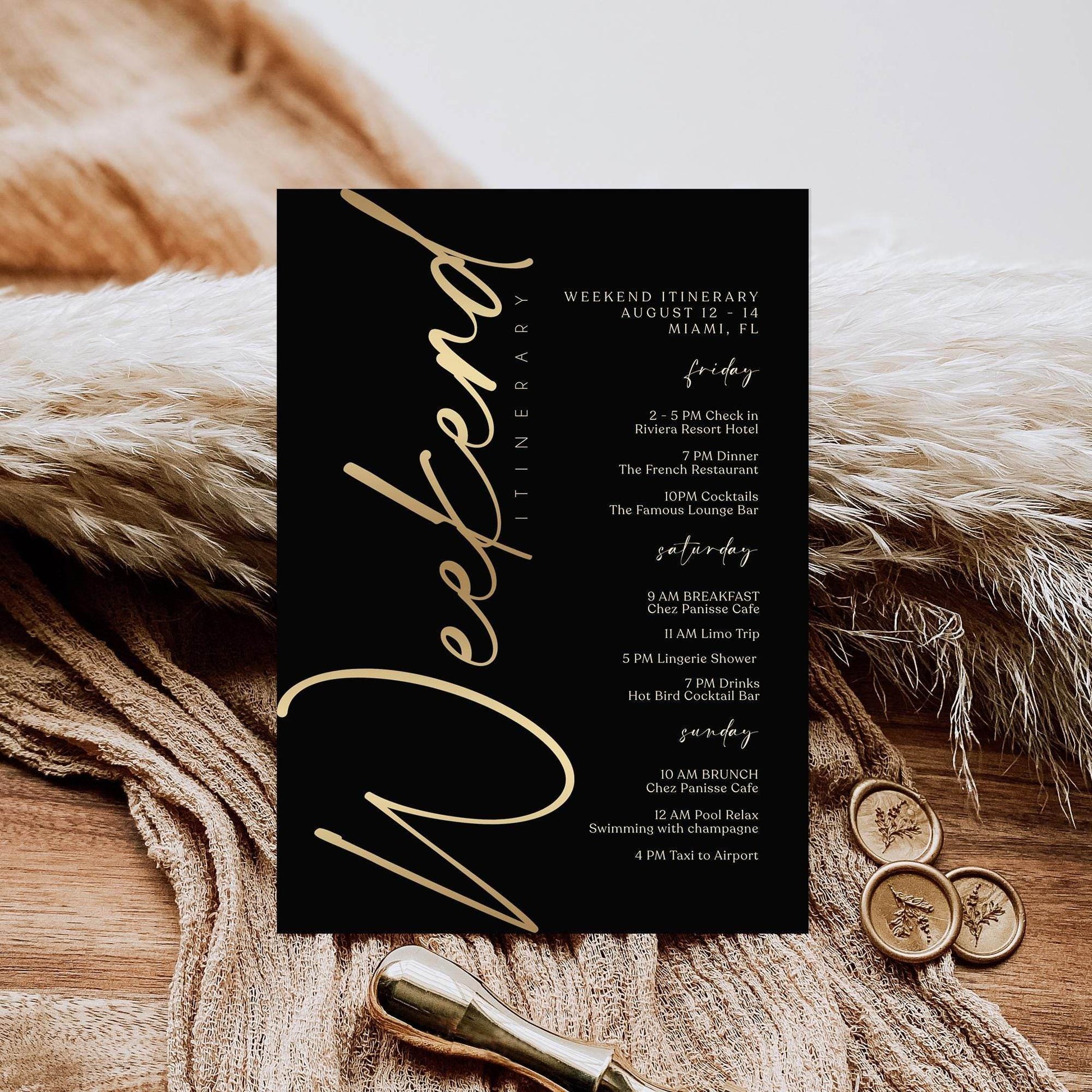Black Gold Weekend Itinerary Template, Editable Birthday or Bachelorette Schedule, Printable Weekend Event Planner, Instant Download