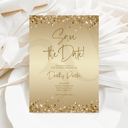 Gold Save the Date Birthday Invitation Template | Editable Any Age Party Invite | Printable Gold Foil Confetti Card | Text Message or Email | Instant Download